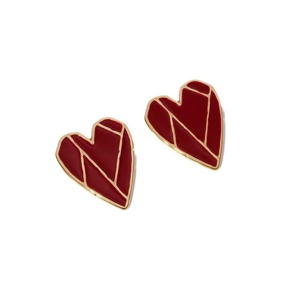 Stainless Steel Red Heart Earrings Gold Trim Geometric Design‎ Dangle Statement